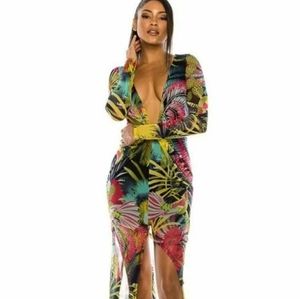 Multi Color Tropical Printed V-Neck Mesh Dress